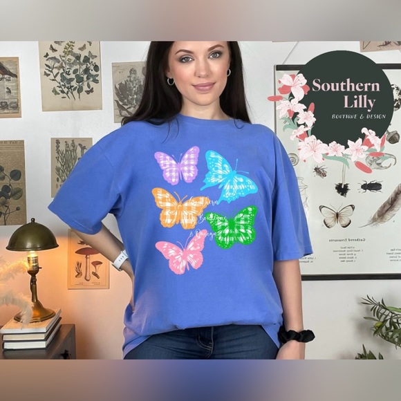 Comfort Colors Tops - Plaid Butterflies Spring Comfort Colors T-Shirt